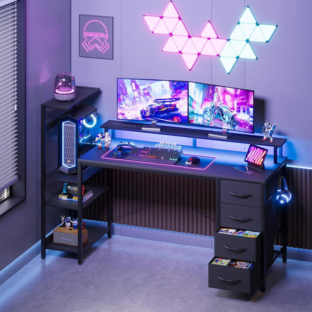 59in Gaming Computer Desk with Drawers & Power Outlet & LED Lights, Black | Gaming Table, Escritorio Gamer