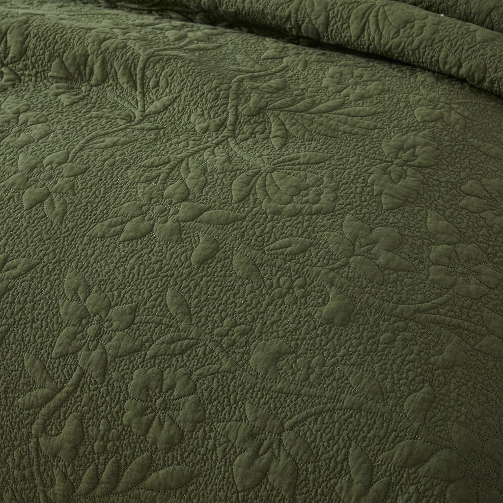 Olive Green Quilt Set Cotton Ruffled Floral Coverlet 3PC