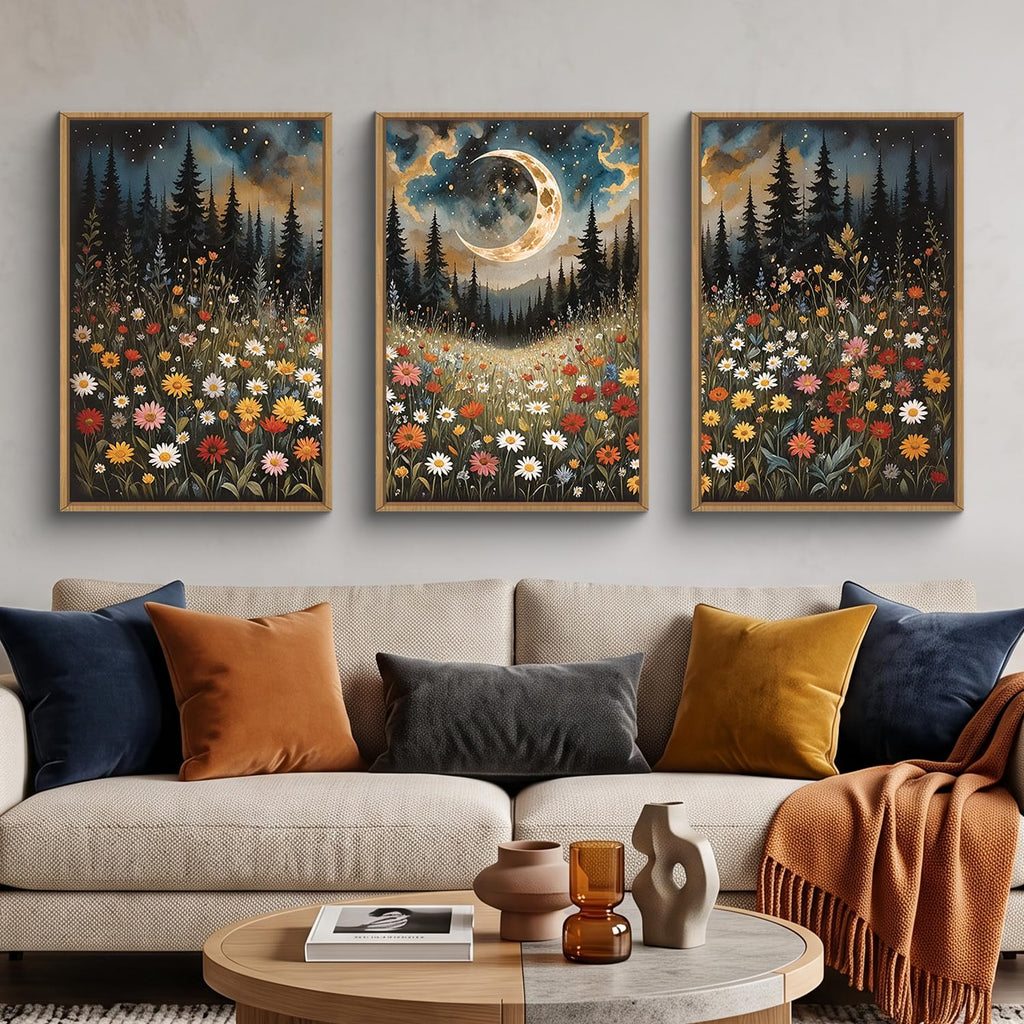 Wildflower Moon Forest Framed Canvas Wall Art Set, Nature Pine Tree Wall Decor, Mystical Starry Night Artwork Rustic