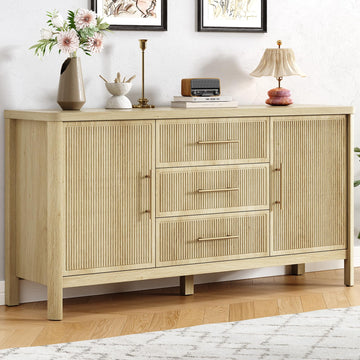 55" Sideboard Buffet Cabinet with Storage and 3 Drawers, Oak