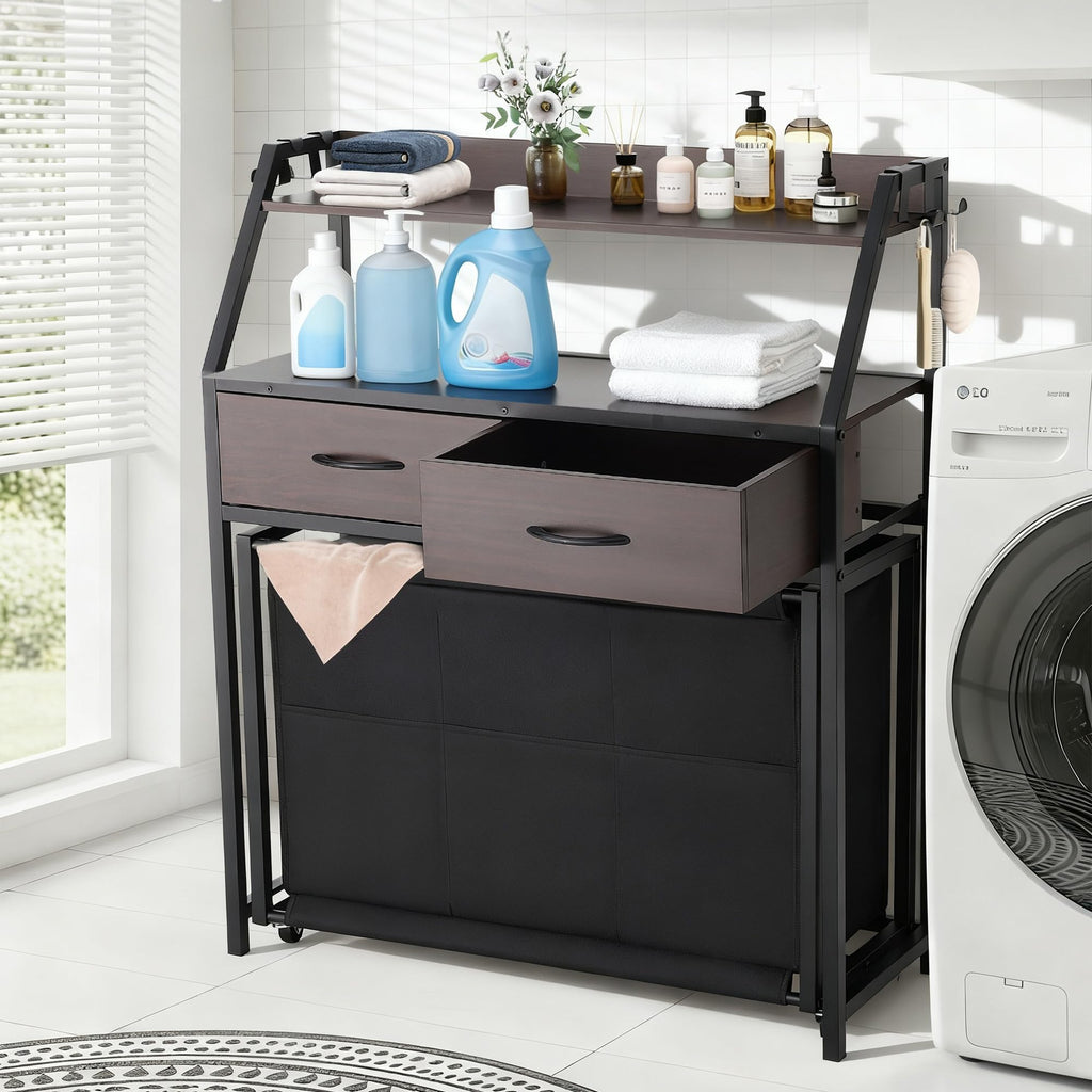 Laundry Hamper with Shelf, 2 Tier Rolling Laundry Hamper 3 section, Laundry Sorter Basket with Wheels, Pull-Out