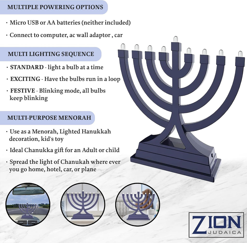 Zion Judaica Mini LED Hanukkah Battery or USB Operated - Multiple Light Settings On The Go Hanukkiah for Chanukah
