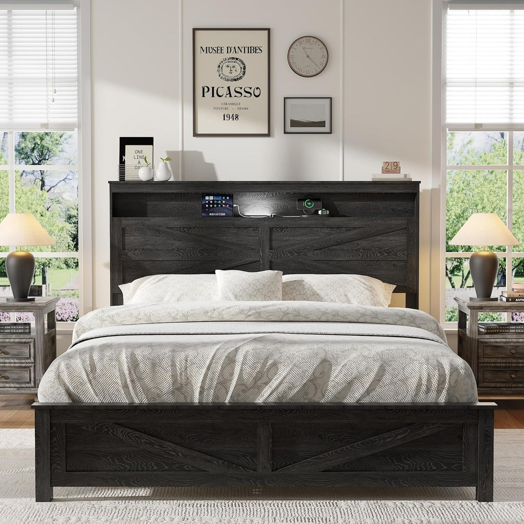 Farmhouse Wooden Bed Frame Queen with Storage Headboard, Boho Platform Bedframe with LED Lights and Charging Station