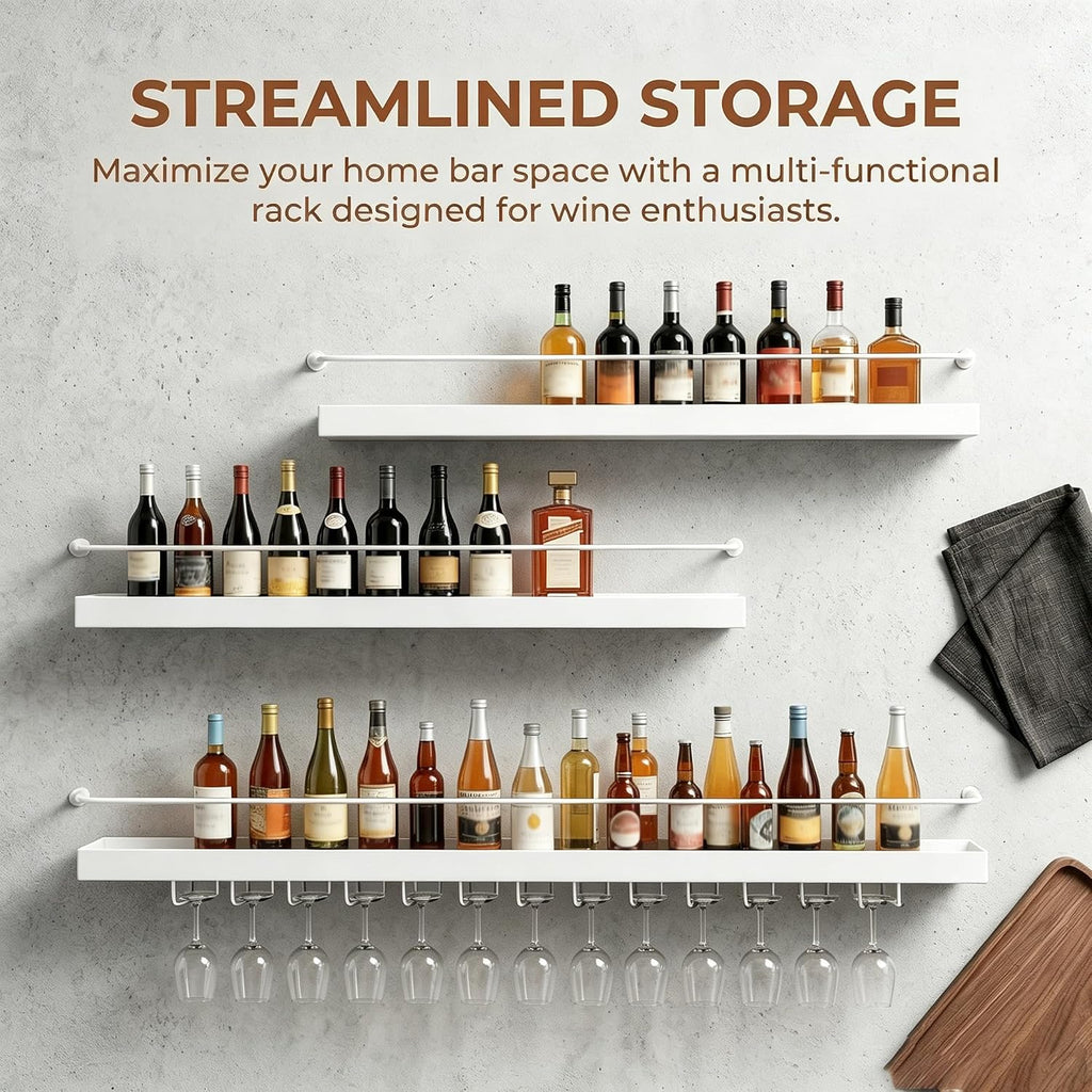 39IN Wall Mounted Wine Rack with LED Lights(White) | 3 tier industrial-style metal bottle rack glass holder hanging