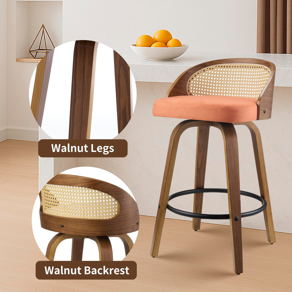 26" Swivel Counter Height Bar Stools Set of 2, Rattan Back, Orange Fabric