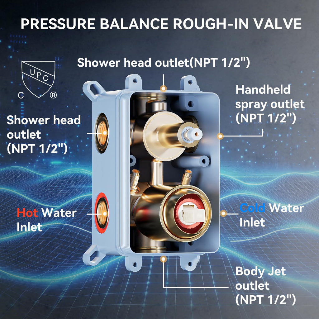 Shower System with Body Jets, 4 Way Shower Faucet with 2 in1 Handheld, Ceiling Mount 10 Inch Shower Head and 6 Inch
