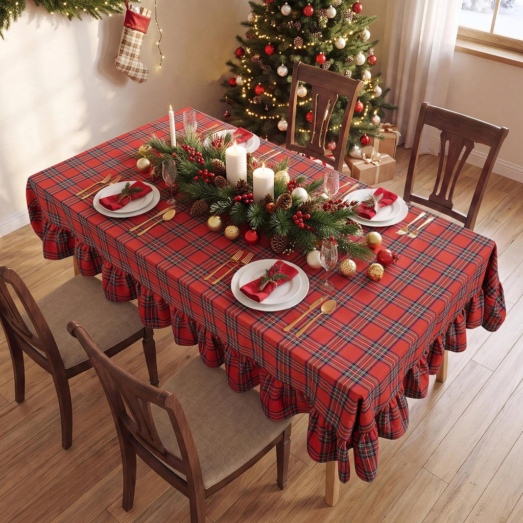 Christmas Plaid Ruffled Tablecloth Rectangle, 60x84 Inch Red