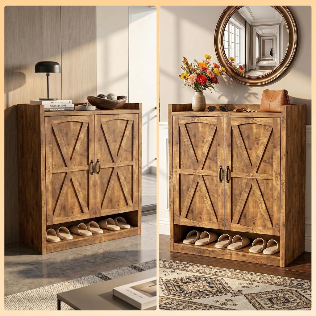 5-Tier Shoe Cabinet with Doors, Adjustable & Removable Shelves, Wooden Farmhouse Shoe Storage Organizer, Entryway