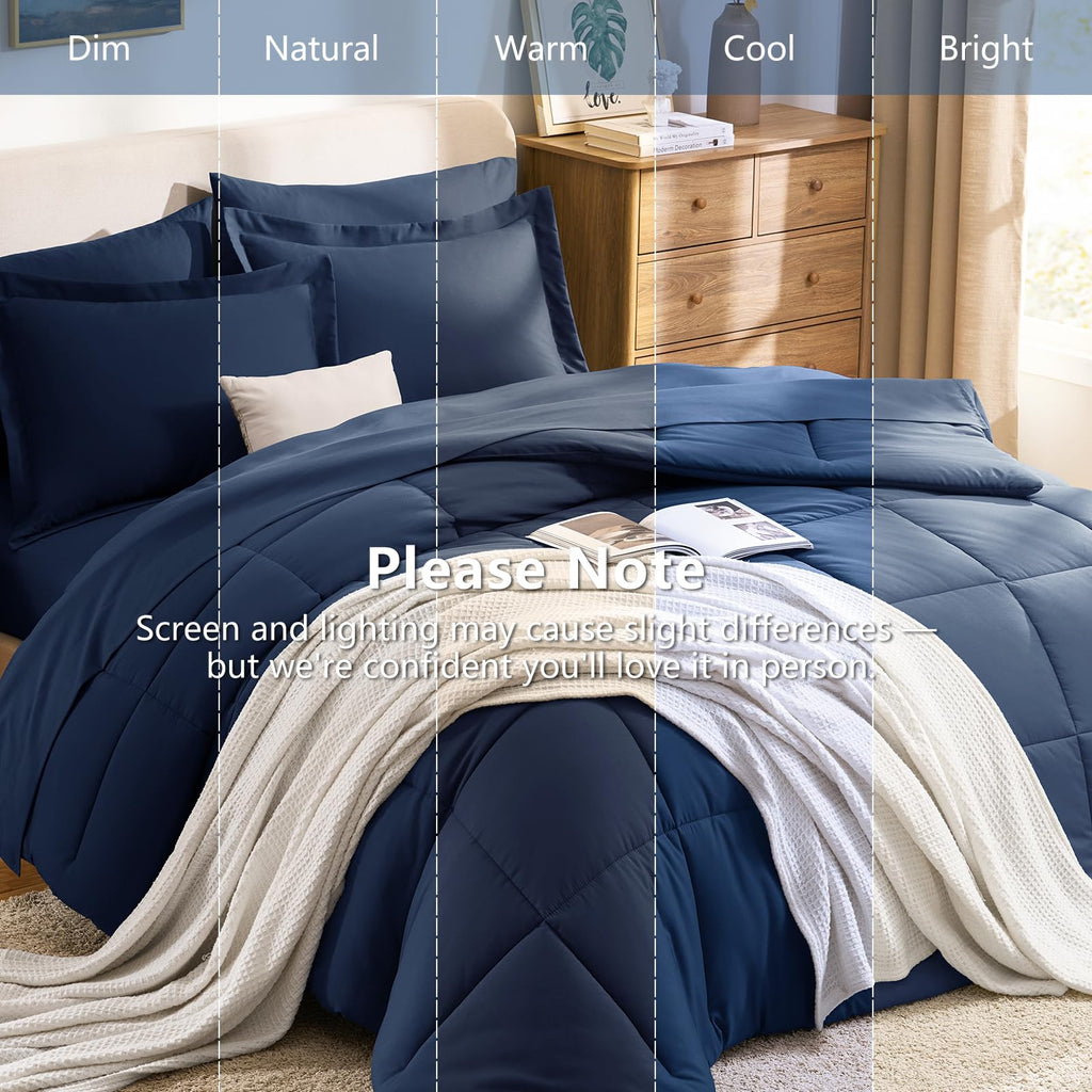 Oversized Comforter Set, 7-Piece Bed in a Bag, Navy Blue