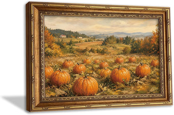 Vintage Autumn Pumpkin Patch Landscape Wall Art Framed Canvas Print with Gold Ornate Vintage Frame, Good Dining Room