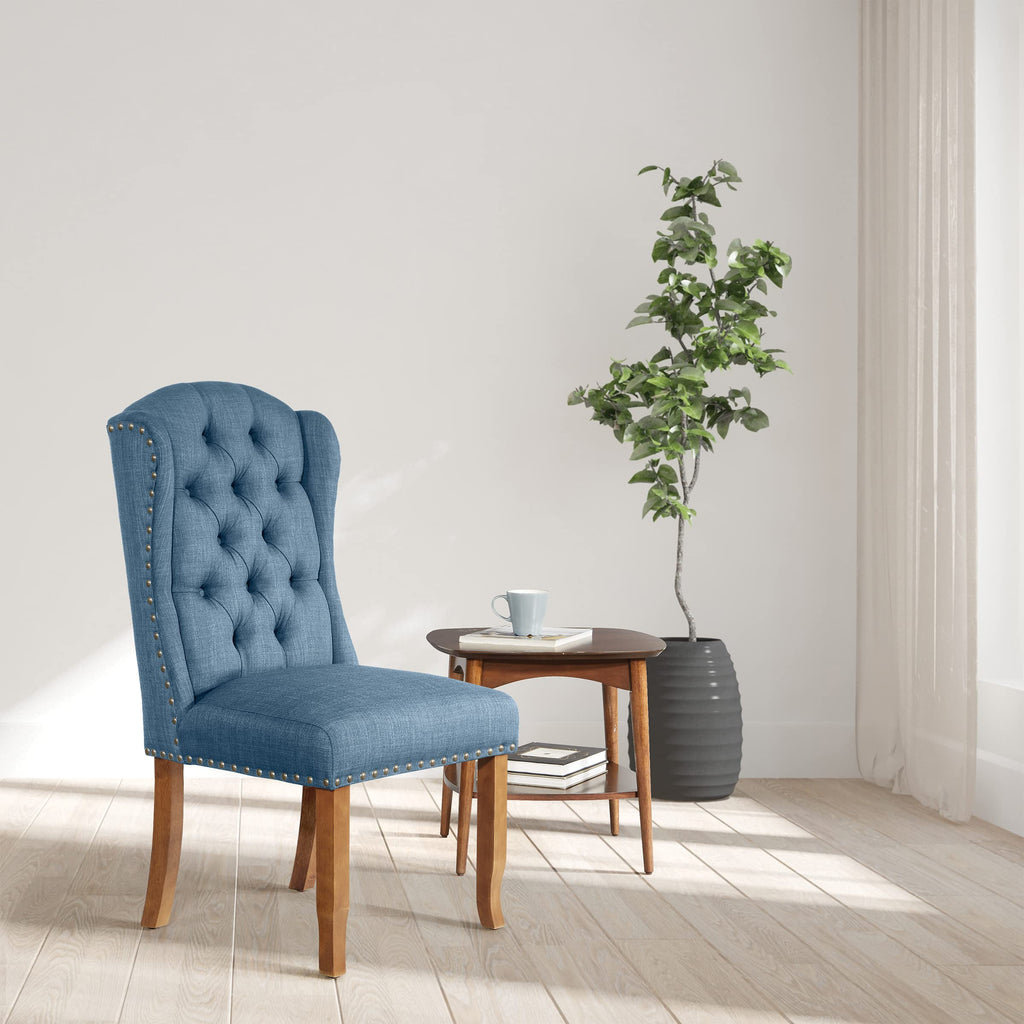 Jessica Button Tufted Wingback Upholstered Dining Chair with Wood Legs, Navy Blue Fabric