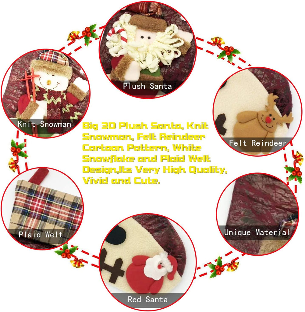 21 inch Plaid Christmas Stockings Deer, Bear, Animal One Piece, Felt Large Plush 3D Reindeer Snowman Design Hanging