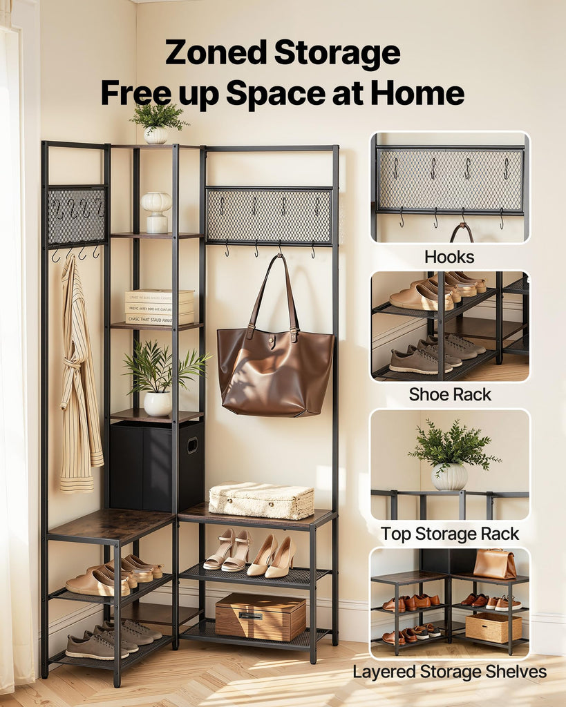 Corner Hall Tree with Shoe Bench, 70.9 in Coat Rack with Hooks and Steel Frame, Freestanding Clothes Shoes Rack