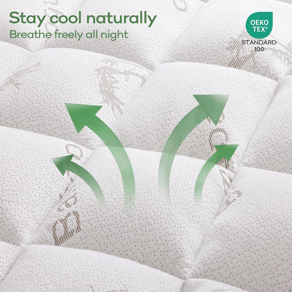 Full Bamboo Viscose Cooling Mattress Topper, White | Soft Quilted Comfort, Pillow Top Mattress Pad, Plush Down