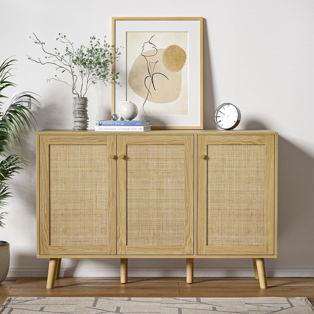 Sideboard Cabinet with Natural Rattan Doors, Hallway Buffet Cabinet Entryway Accent, Storage Cabinet