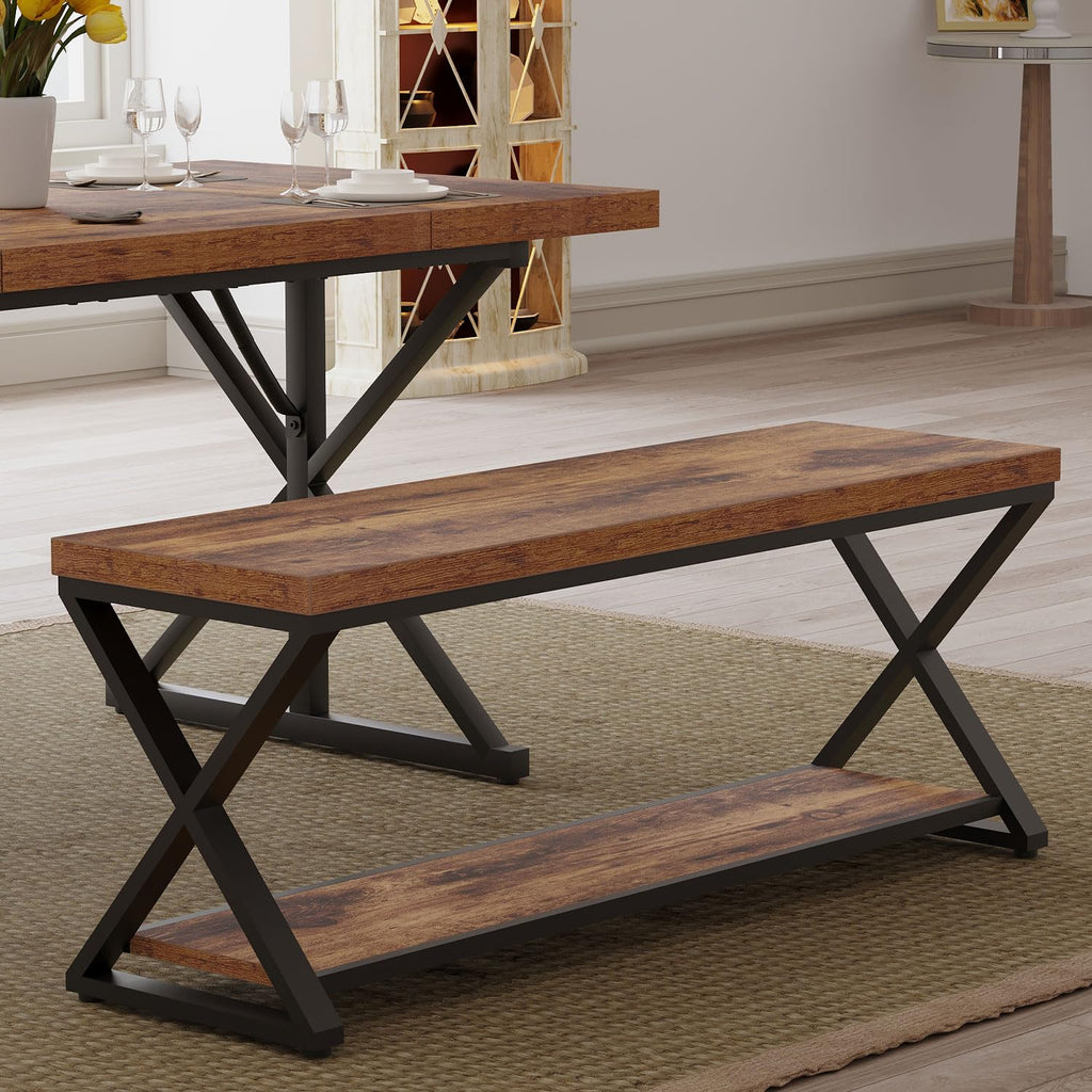Rustic Entryway Bench with Storage, Rustic Brown Wood and Metal Bench