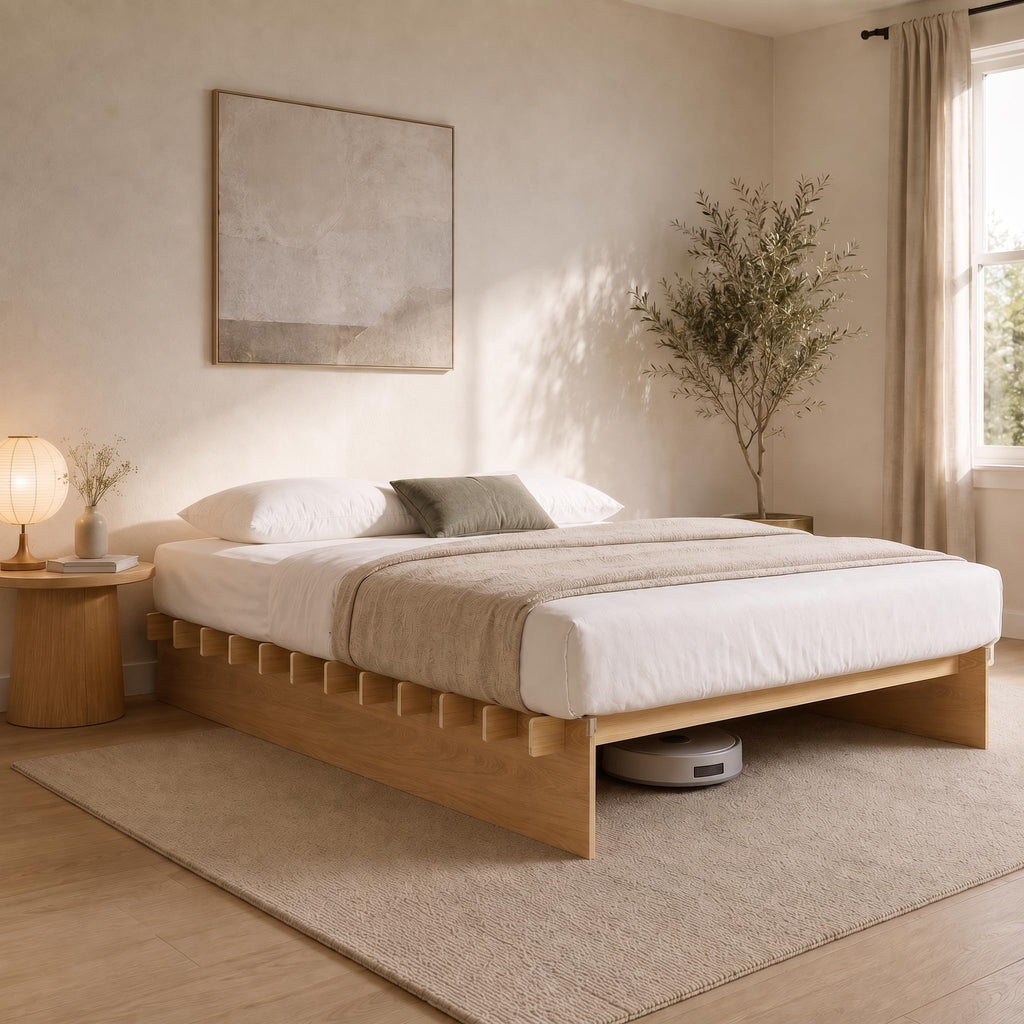 Queen Size Wood Platform Bed Frame, Japanese Tool-Free Joinery