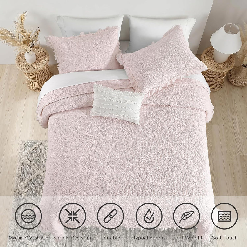 Pink Ruffled Quilt King, Stone-Washed Microfiber Lightweight Crinkled Farmhouse Rustic Shabby Chic Bedding Set, 3