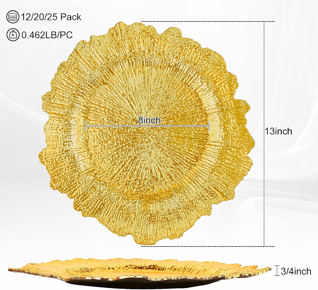 Gold Charger Plates Bulk- 13in Reusable Plastic Chargers - Set of 12