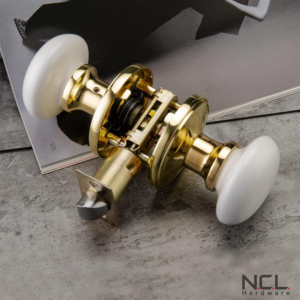 White Door Knobs, Porcelain Round Door Handle with Polished Brass Plate