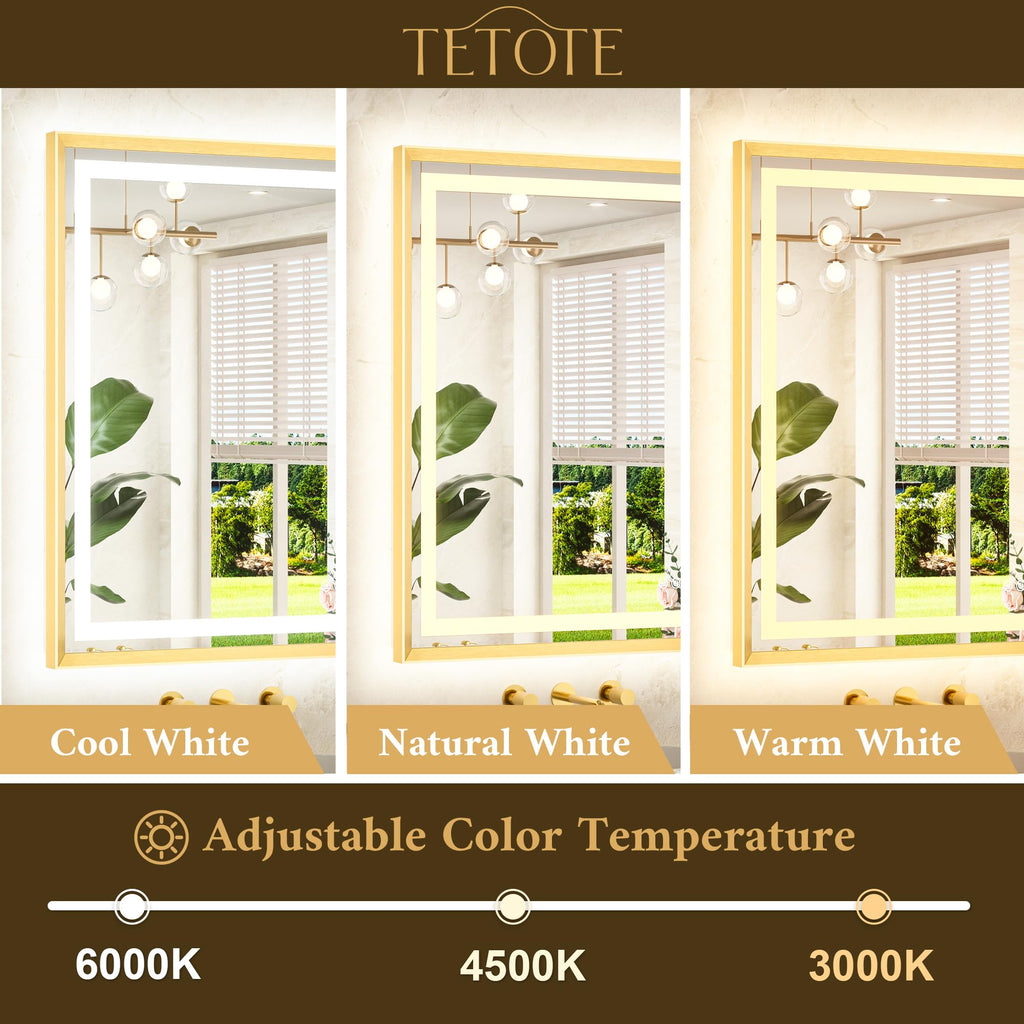 24 x 32 Bathroom LED Mirror Brushed Gold Metal Frame Frontlit & Backlit Vanity Mirror Anti-Fog Stepless Dimmable 3