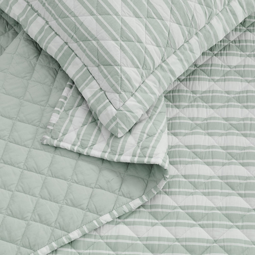 Wide Ticking Stripe Green 3 Piece Quilt Set