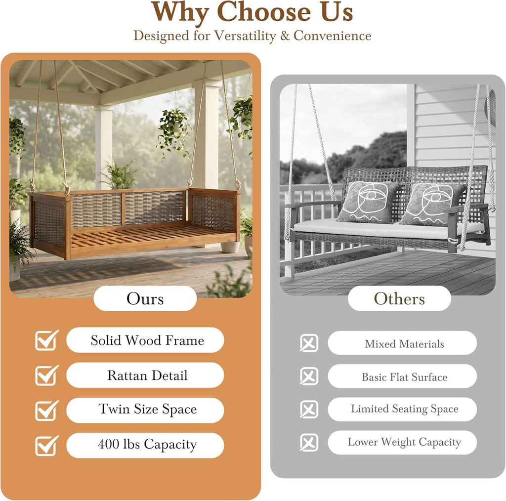 Twin Size Wooden Outdoor Swing Bed, Acacia Wood Porch Swing with Rattan Backrest and Ropes , Backyard & Garden, Teak