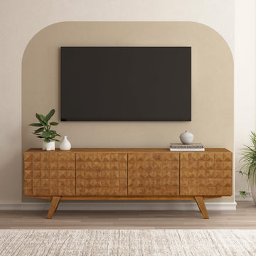 Sapa Mid-Century Modern Solid Wood TV Stand 4-Door Media Console with Carved Geometric Fronts for TVs up to 75"