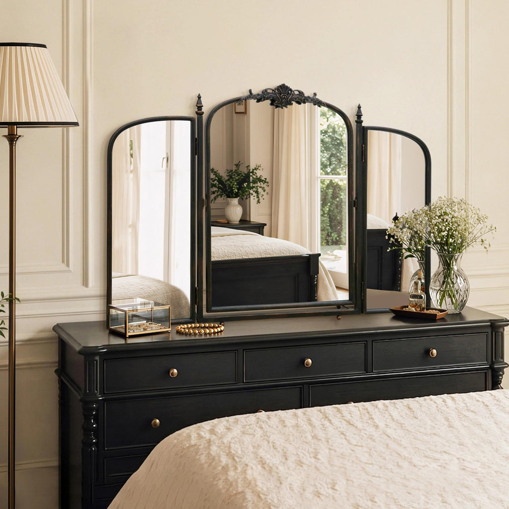Black Vanity Trifold Mirror: 40"x28" Vintage Arch Three Way Mirror