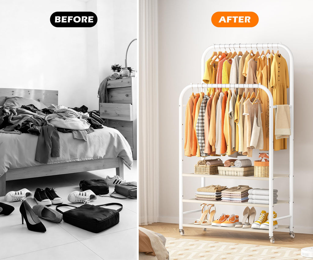 Clothes Rack, Double Rods Clothing Rack with 3 Tier Shelve&Wheels