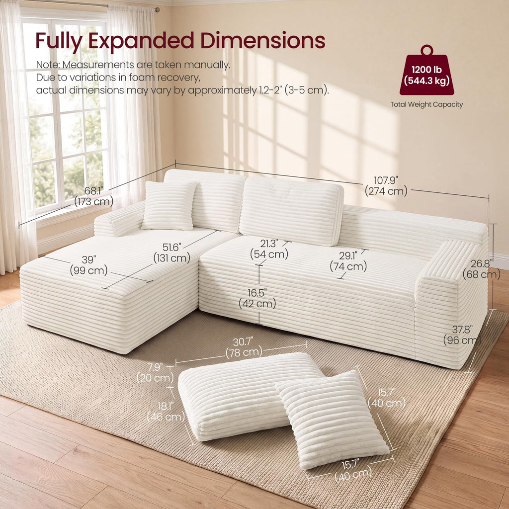 107.9" Cloud Sectional Sofa, Boneless Couch