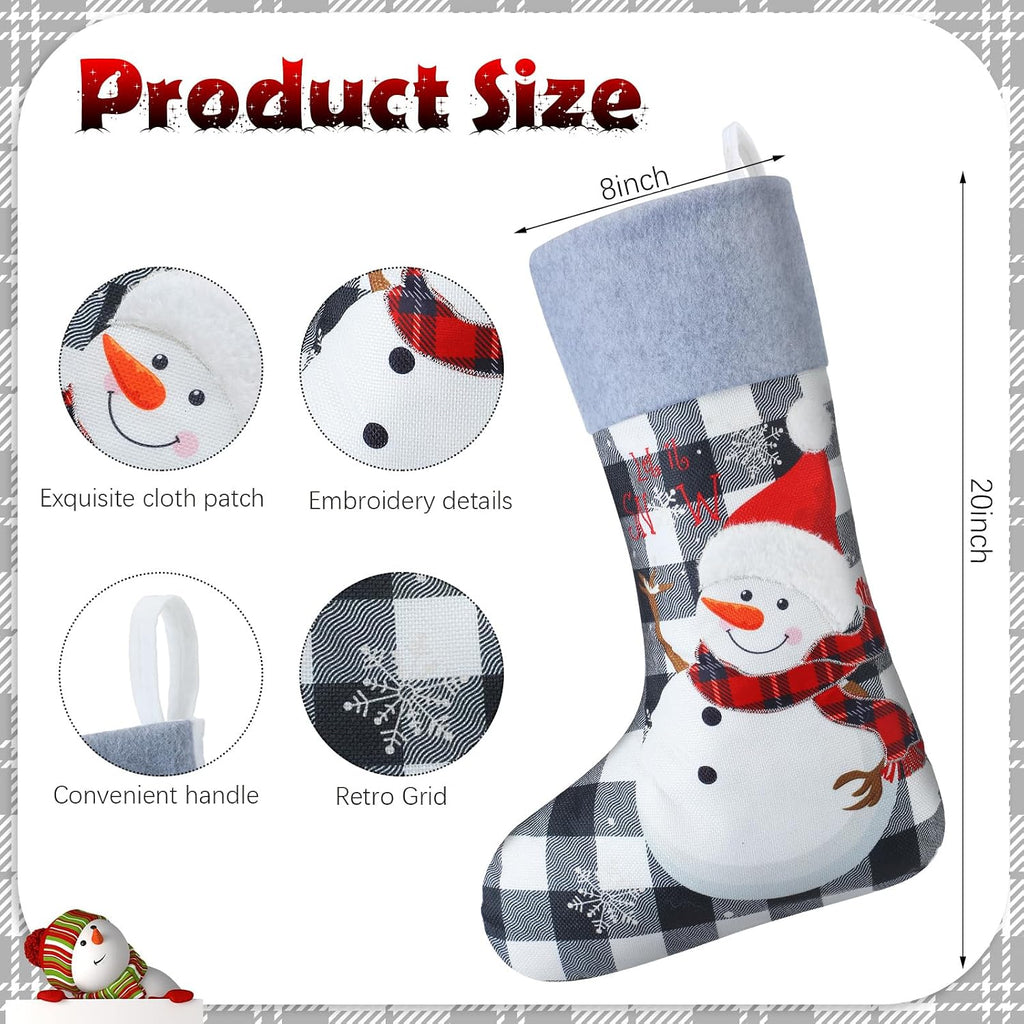 6 Pack Christmas Stockings Bulk 20" Large Embroidered Gray Burlap Buffalo Plaid Hanging Stockings Farmhouse Santa