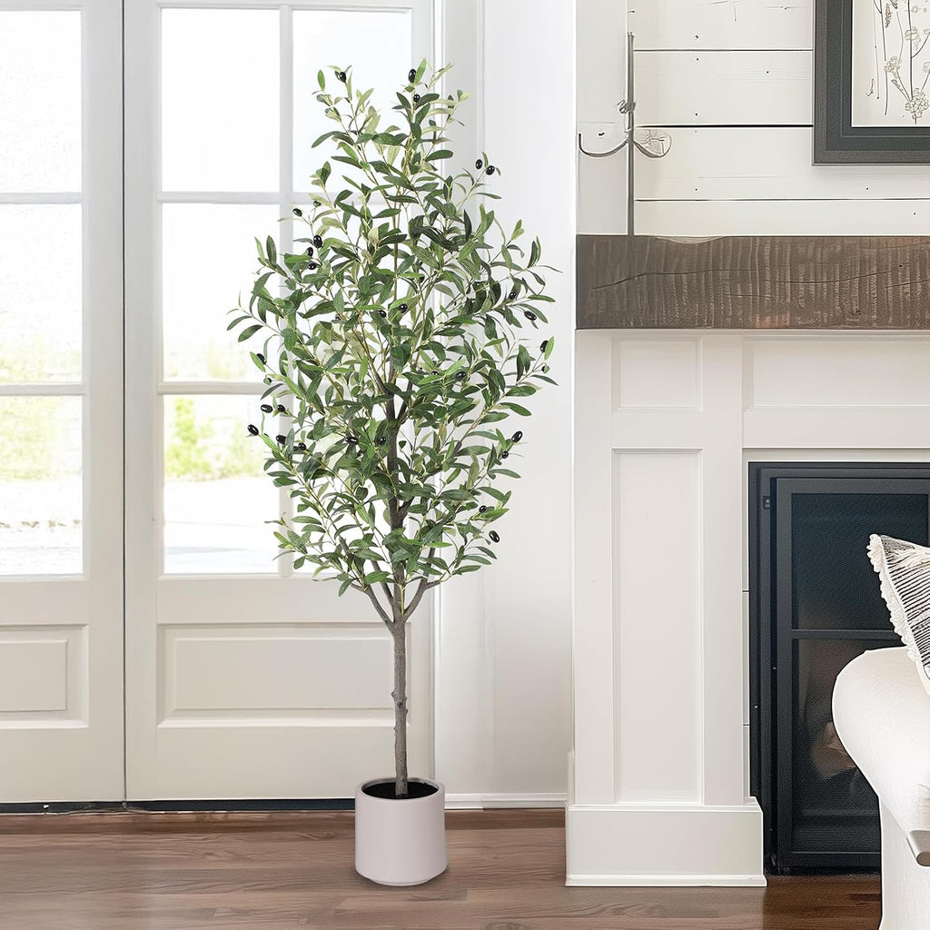 Olive Tree Artificial Indoor, 5ft Tall Silk Faux Olive Tree with White Planter, Artificial Plants with Natural Wood