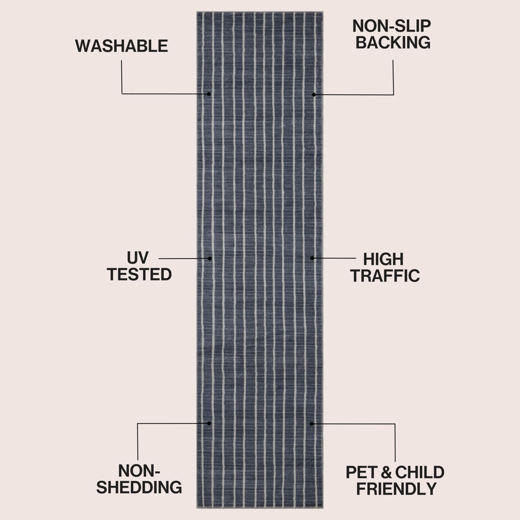 Washable Orton Distressed Ticking Stripe 2' x 8' Machine-Washable Polyester Runner Rug, Navy and Cream, Farmhouse