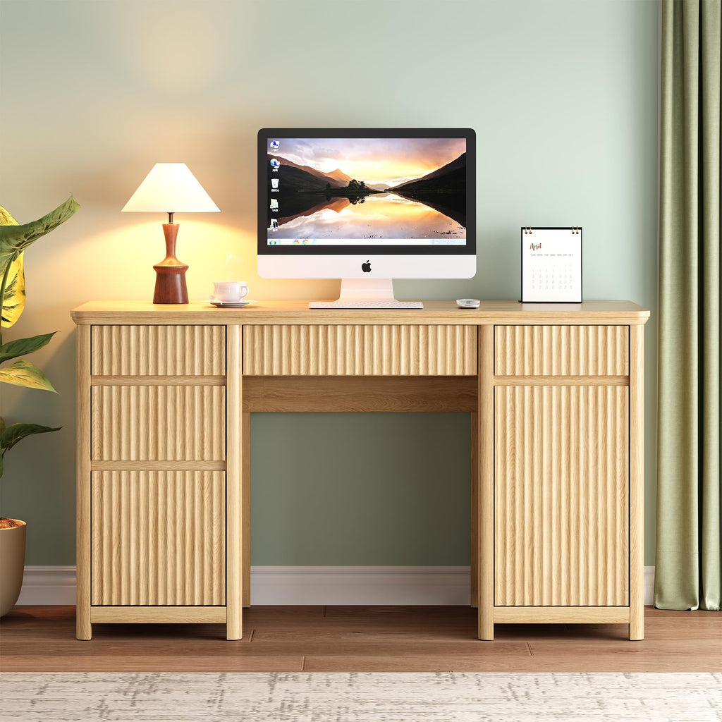 55" Fluted Executive Desk with Drawers & Charging Station, Large Wood Computer Desk with File Drawer and Storage
