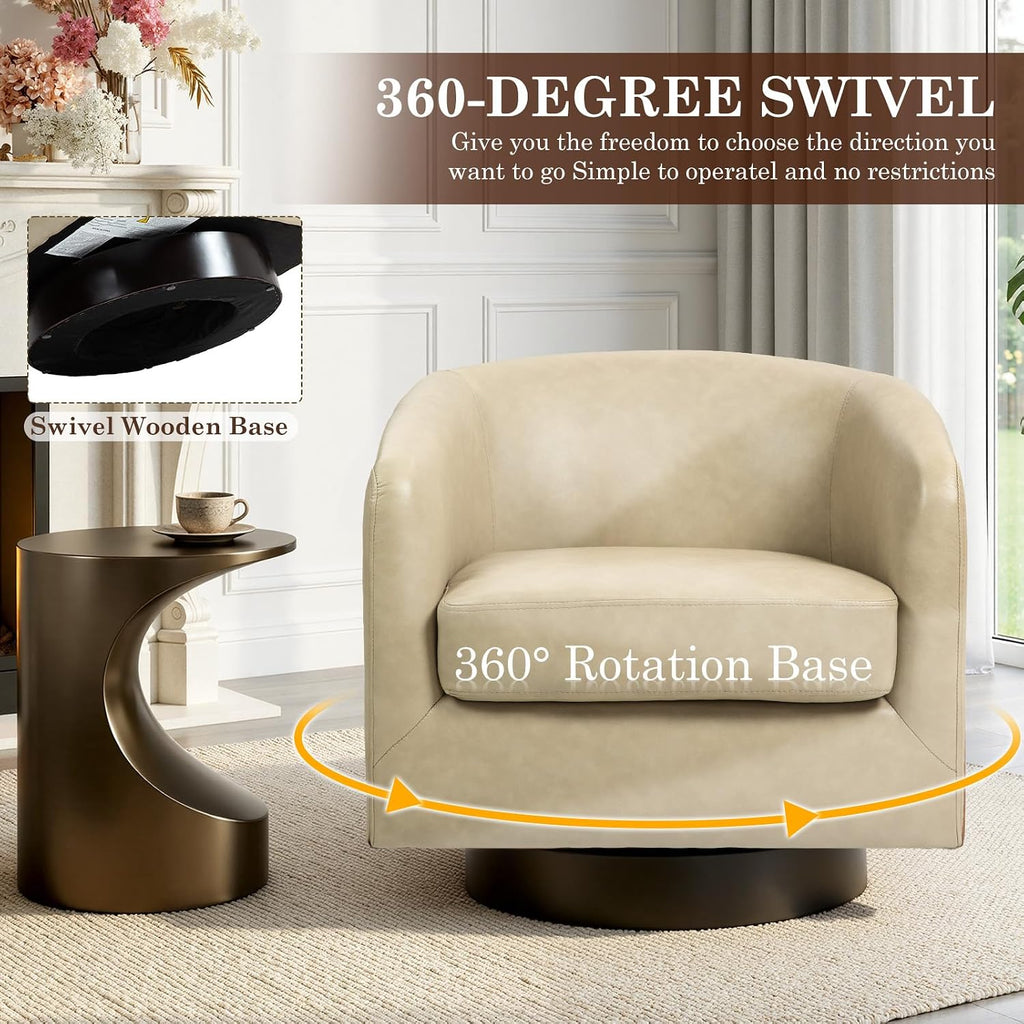 Faux Leather Swivel Accent Chair, Barrel Club Armchair, Cream