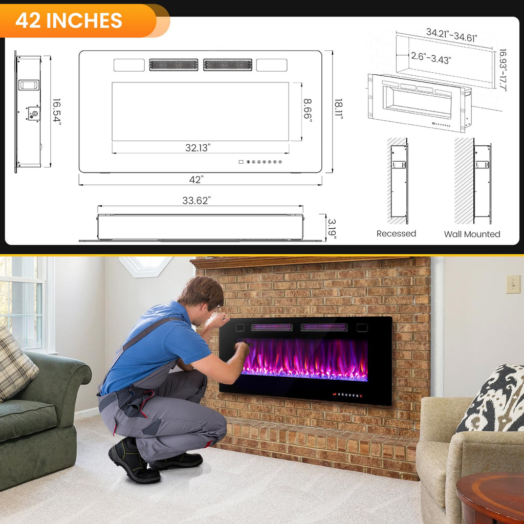 42 Inches WiFi Electric Fireplace, Ultra Thin Linear Wall Mounted