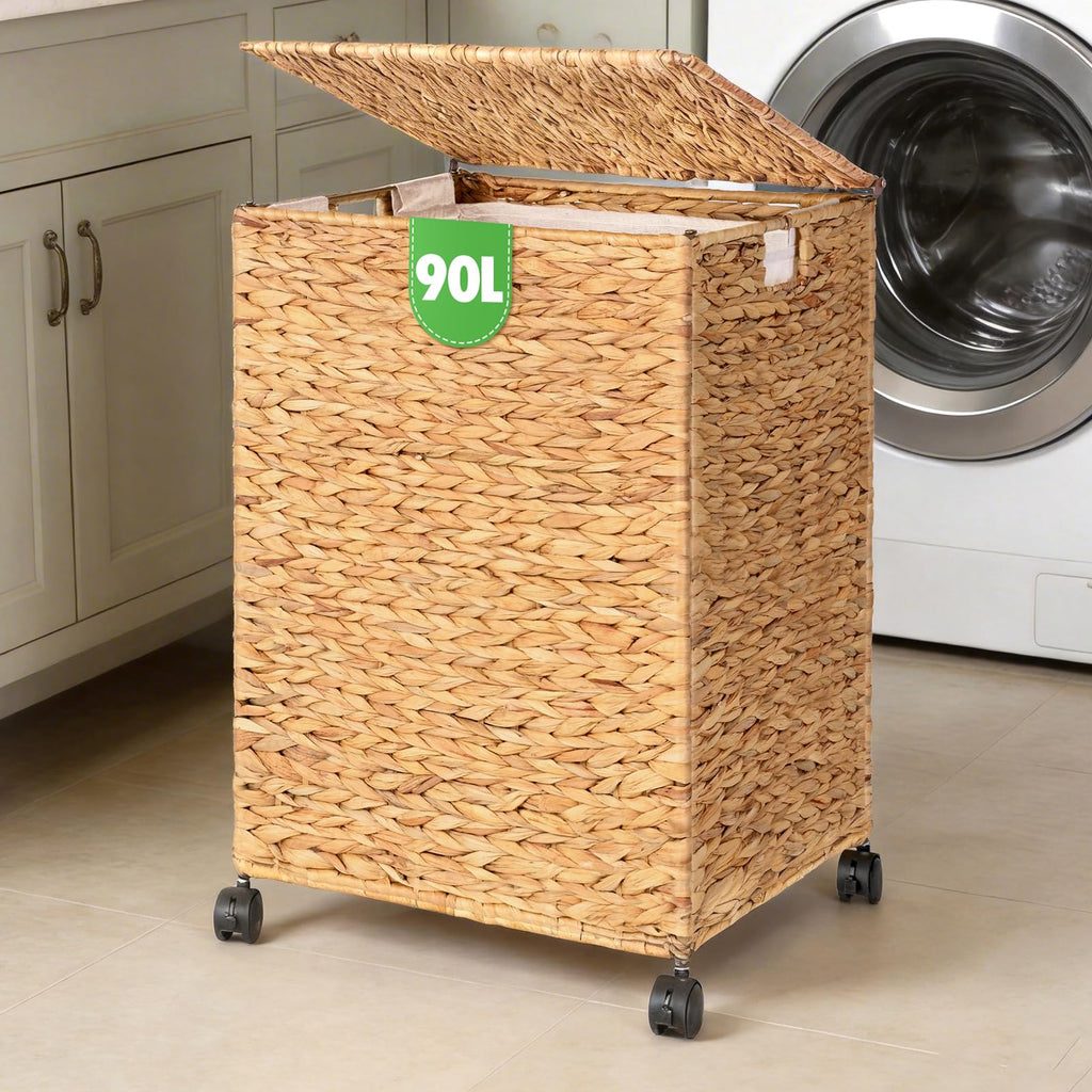 Wicker Laundry Hamper with Lid & Wheel, Rattan Laundry Basket, 90L