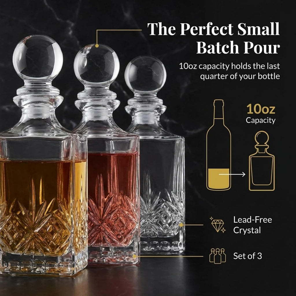 Mini Whiskey Decanter Barware Set - Dublin Crystal Collection for Liquor Whisky Vodka or Wine - 10oz - Set of 3
