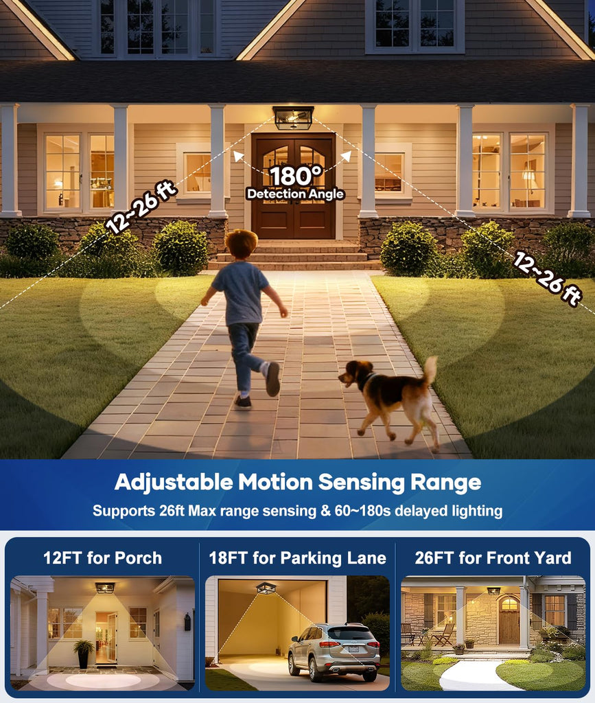 Motion Sensor Outdoor Ceiling Light with Remote, 8.5 Inch Brown and Gold Flush Mount Porch Light Fixture with United