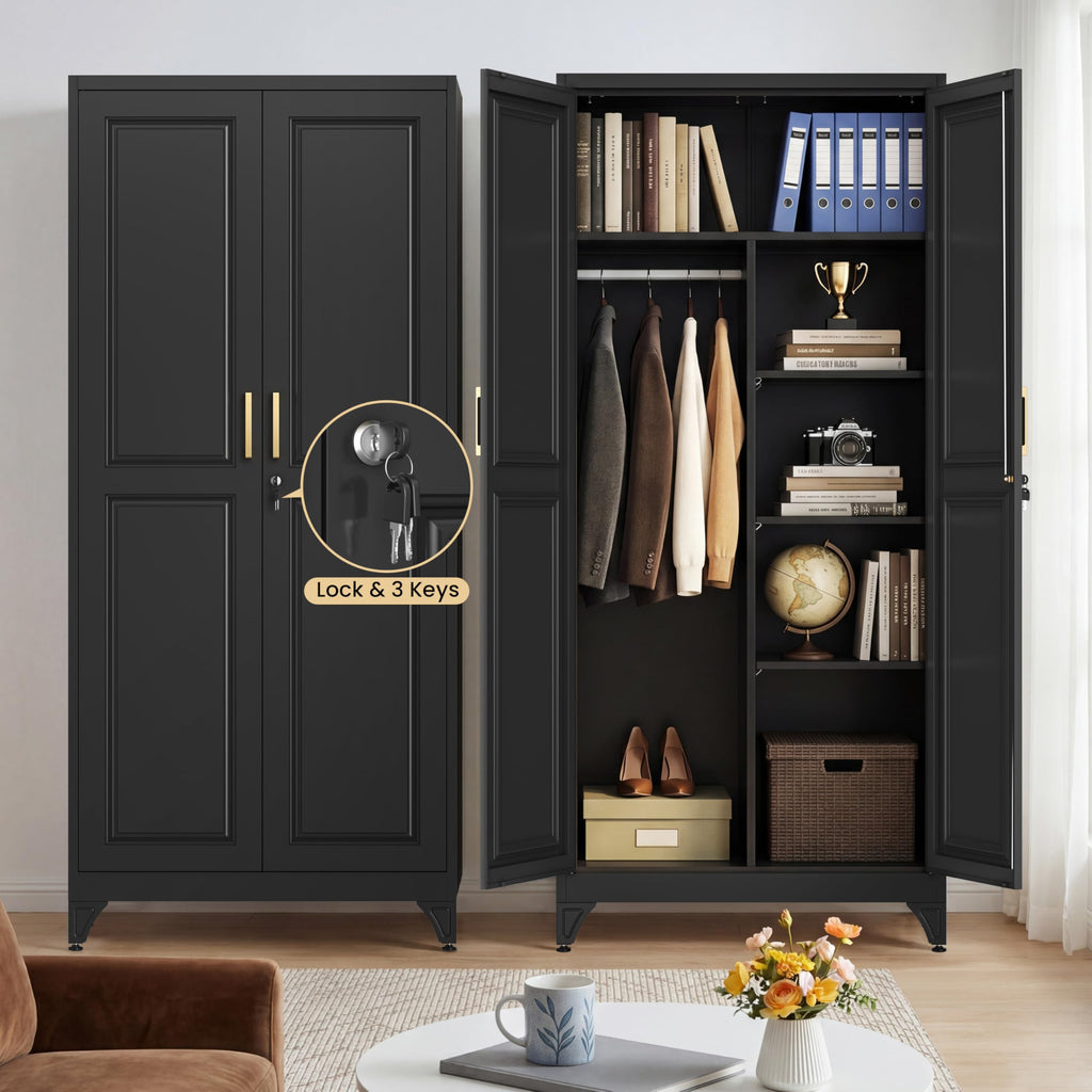 71" Metal Armoire Wardrobe Closet with Doors & Lock, Black