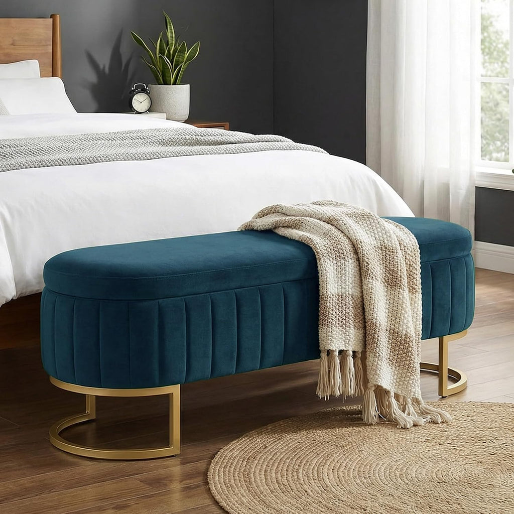 51" Velvet Storage Ottoman Bench End of Bed Entryway Dark Blue | Velvet Large Storage Solid Wood with Metal Leg 300