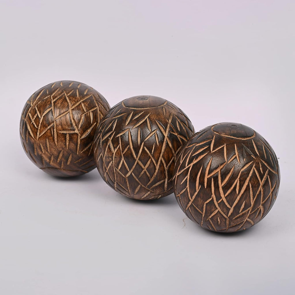 Decorative Mango Wood Round Balls Decor Modern Decorative Balls. - Set of 3