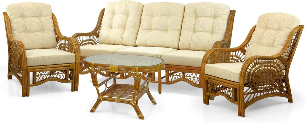 Malibu Lounge Set of 4: 2 Natural Rattan Wicker Chairs, Three-Seater Sofa with Cushions, and Coffee Table with Glass
