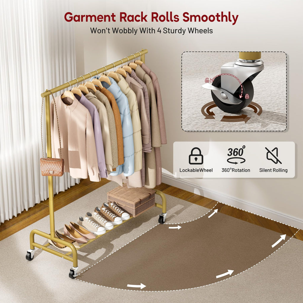 Heavy Duty Clothes Racks for Hanging Clothing Rack, 43" Wide Rolling Garment Rack Metal Wardrobe Rack with Wheels