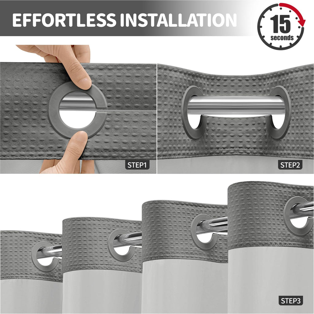 Ringless Waffle Weave Fabric Shower Curtain Set, Grey, 72"x75"