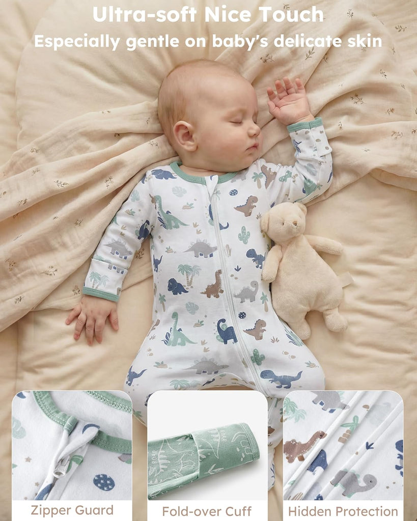 Sleepers 100% Cotton Footie Pajamas, 0-3 3-6 with Way Zipper, 2pcs PJs Baby Boy Clothes