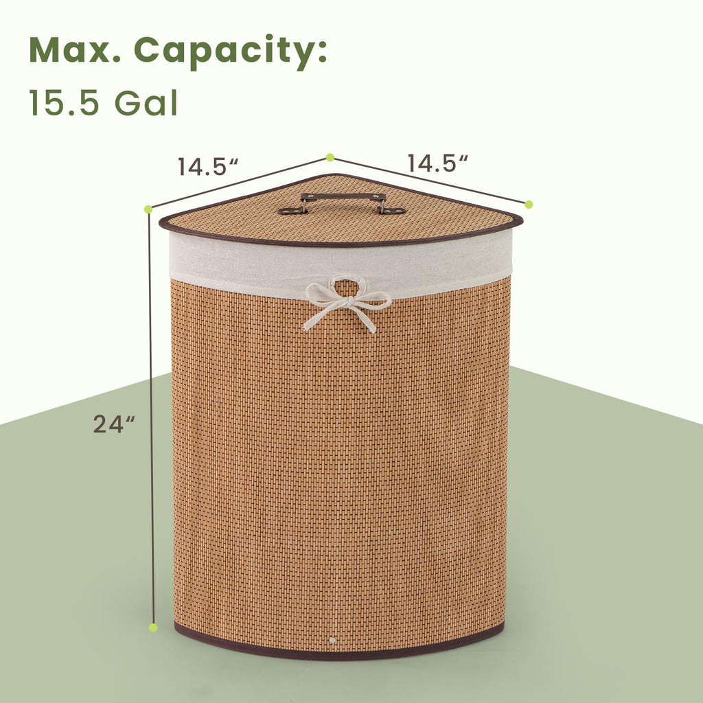 Corner Bamboo Laundry Hamper with Lid and Removable Liner, Bamboo