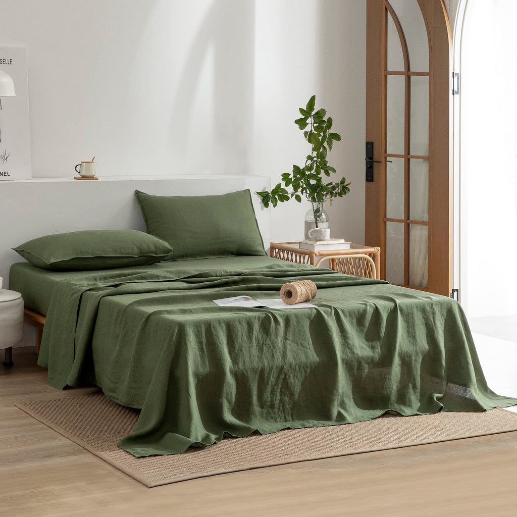 Linen Sheets Set, 100% Stonewashed French Linen Bed Sheets Deep Pocket Sheets, 4 Pieces (1 Flat Sheet, 1 Fitted