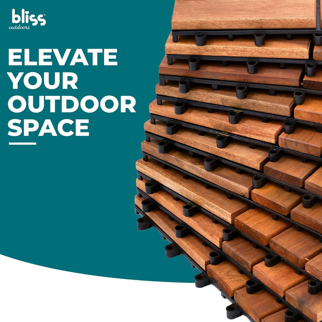 Bliss Outdoors Hardwood 12-Slat Interlocking Deck Tiles, Acacia Wooden Waterproof Patio Flooring for Balcony Indoor and